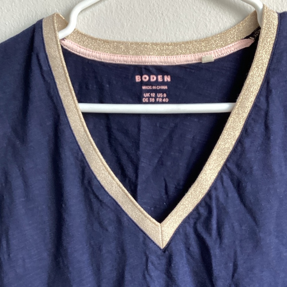 Boden Navy V-Neck Tee with Gold Trim - Picture 3 of 6